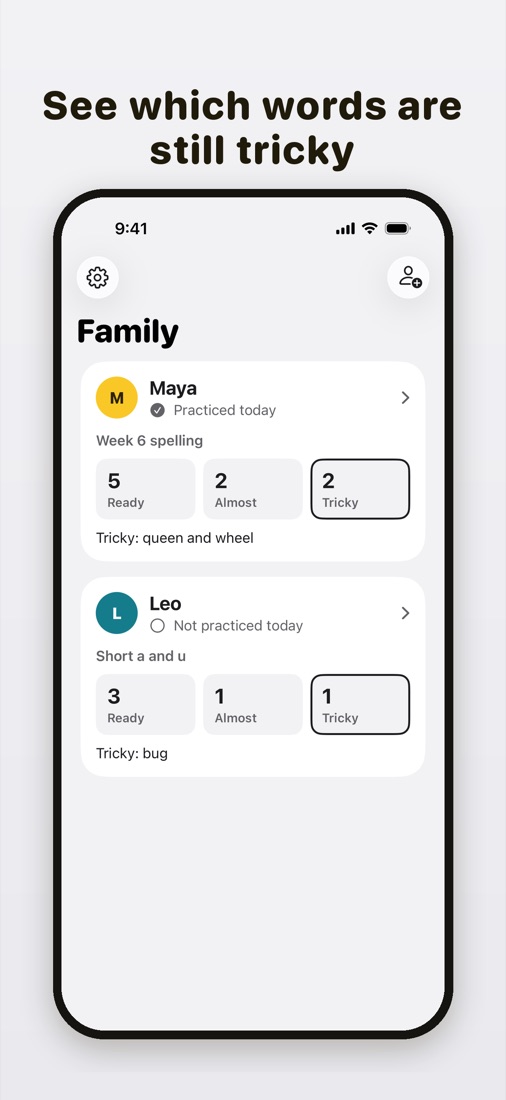 The parent home showing each child's tricky words